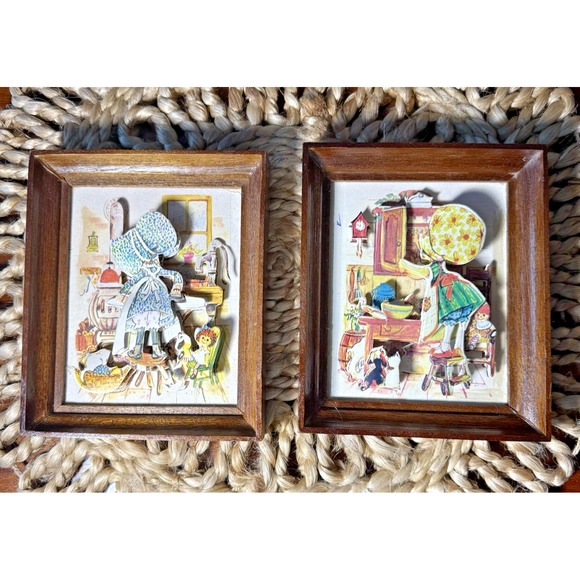 Holly Hobbie Style 3-D Art Decoupage Wooden Frame Set of 2 Christmas 1984 - Picture 1 of 11